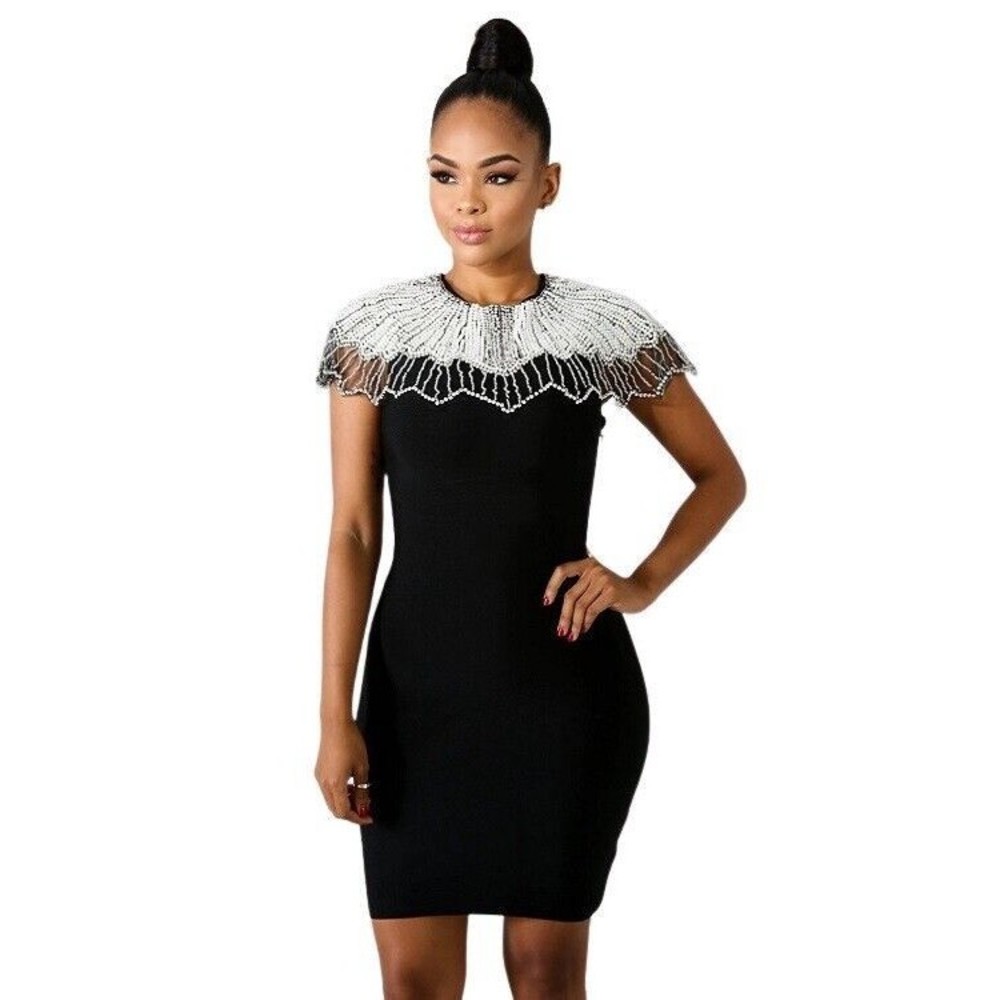 Vici Black Pearled Collar Neckline Bondage Fitted Mini Dress Sz S